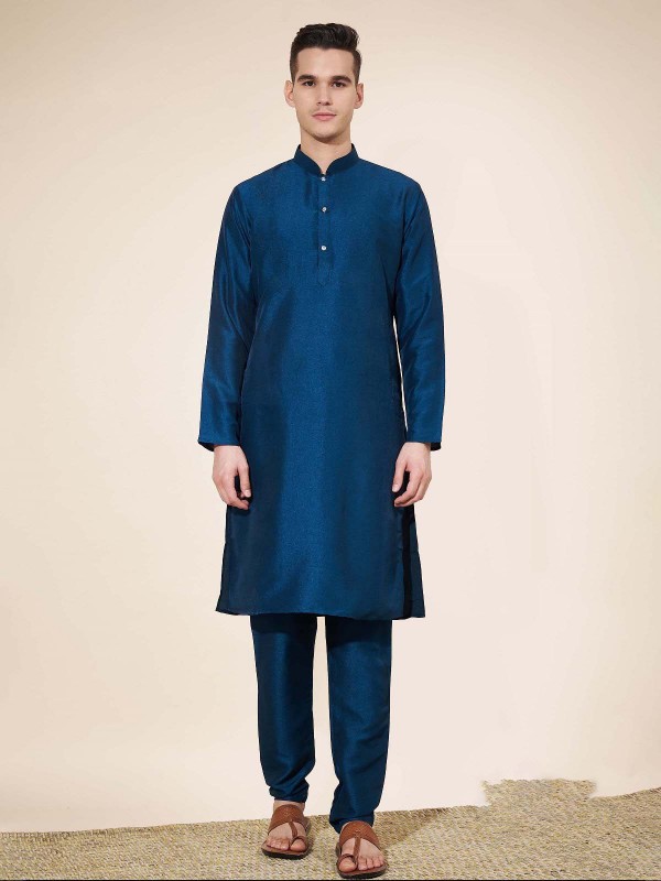 Peacock Blue Pure Silk Readymade Kurta Pajama